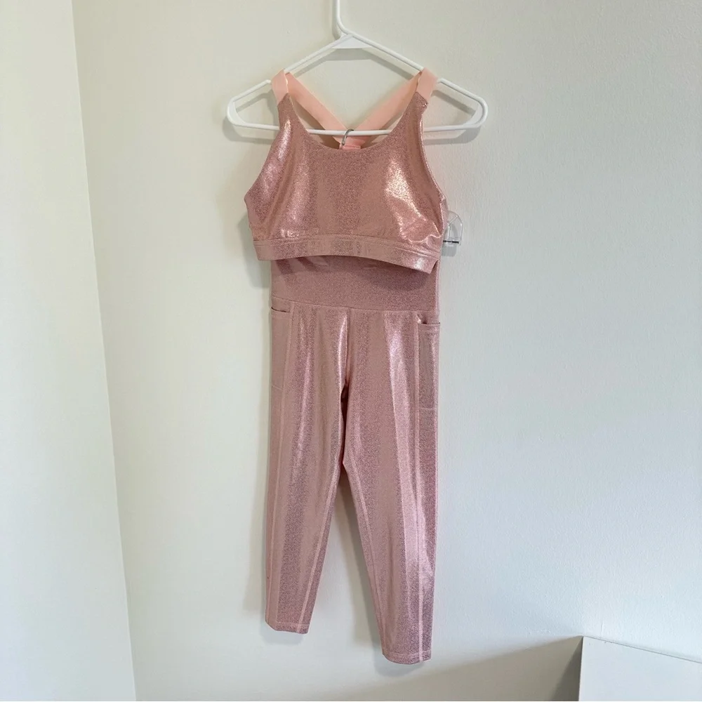DSG Pink Shimmery Girls Active Crop Top & Leggings Set